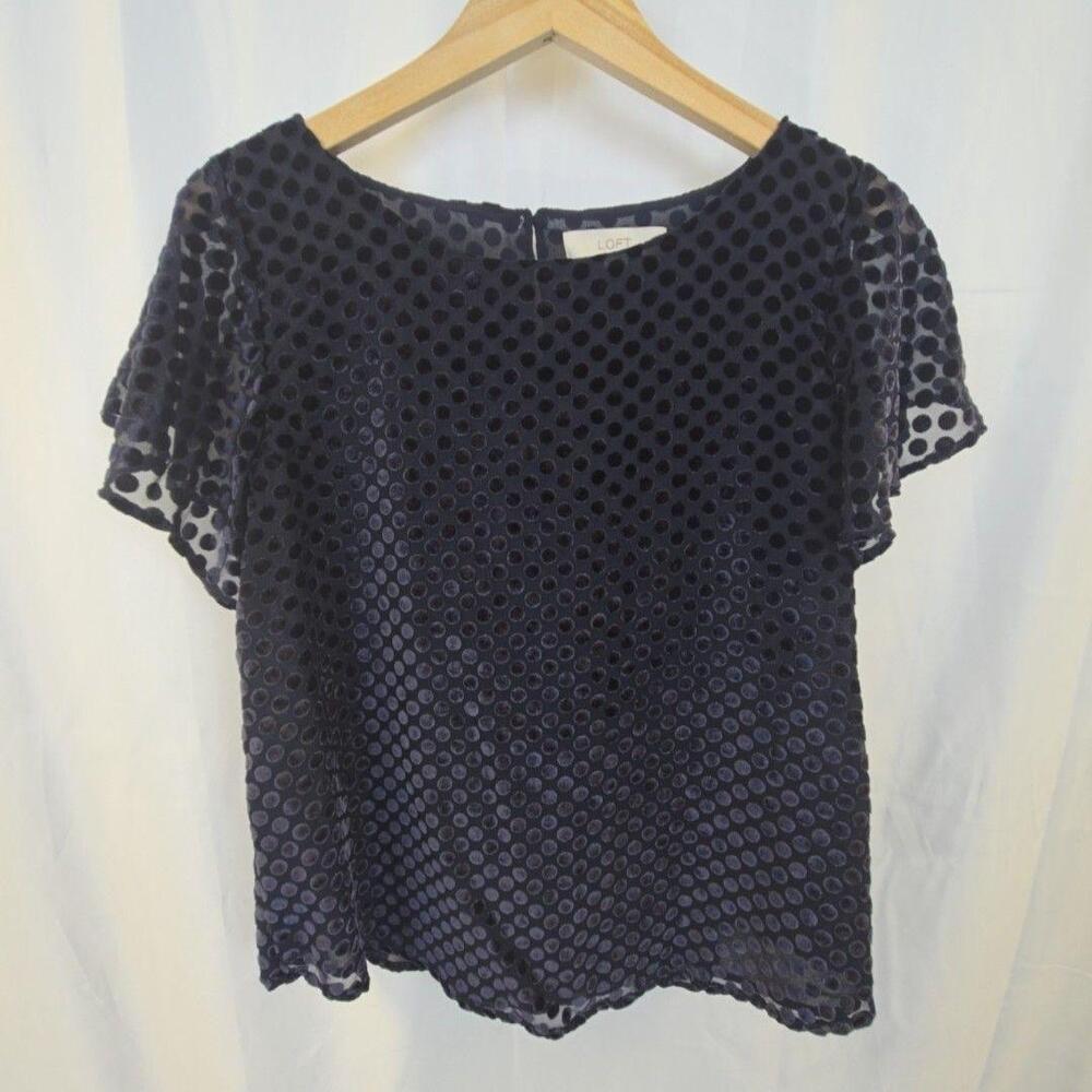 LOFT Petites Blouse Womens Petite Large Blue Velvet Polka Dot Short Sleeve Top